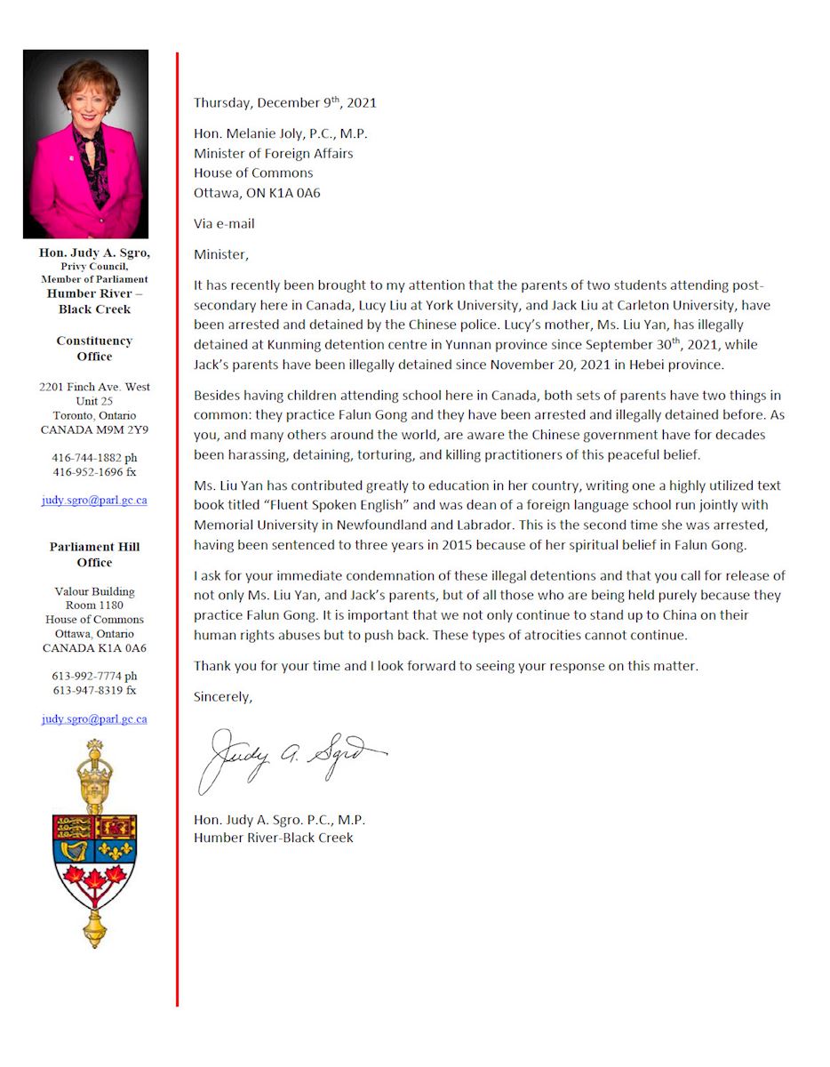 '图1：加拿大国会法轮功之友联合主席，国会议员斯格若（Judy Sgro）二零二一年十二月十日，向总理特鲁多发电子邮件，要求总理立即谴责中共对法轮功学员的非法拘禁，并要求释放加拿大人家属。'