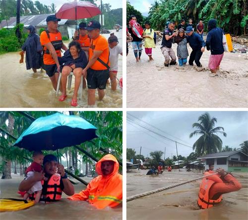 图1：二零二二年十月二十八日开始，菲律宾南部遭致命热带风暴尼格（Nalgae）袭击。图为救援人员在洪水中疏散民众。（明慧网合成）