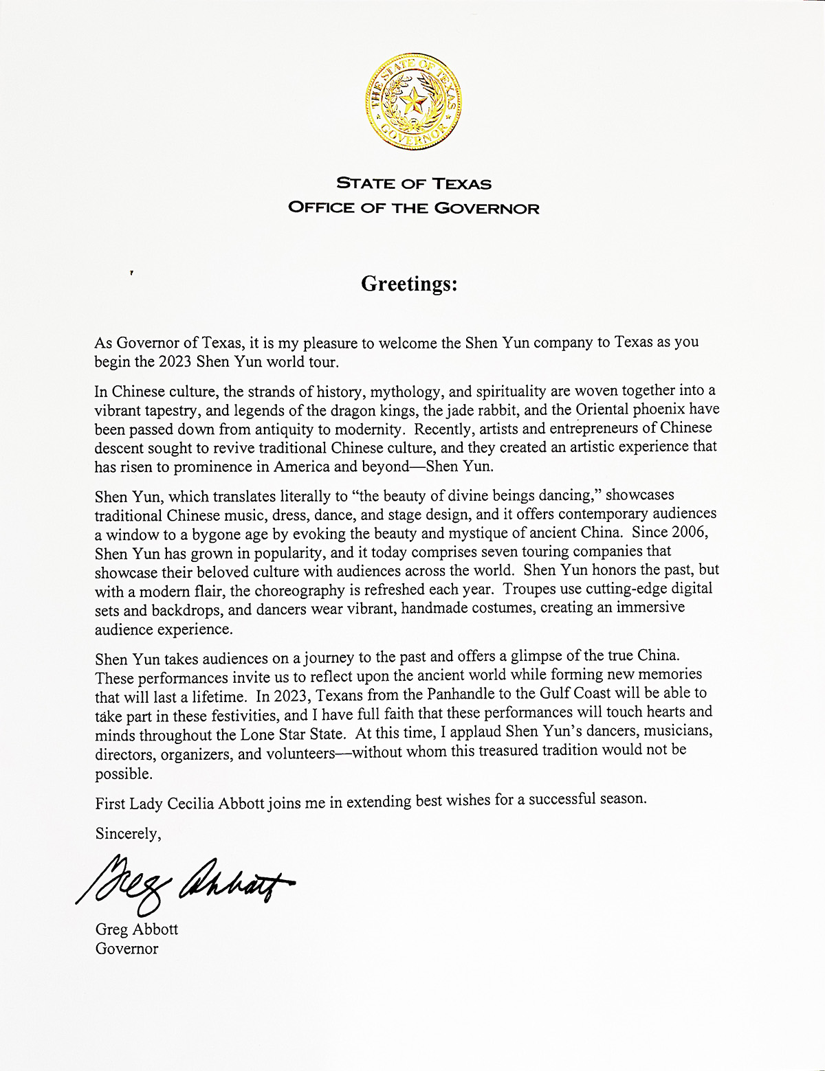图9：德州州长阿博特（Greg Abbott）贺信（大纪元）。