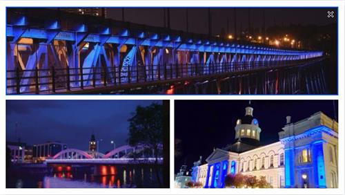 图3：二零二二年加拿大还有市镇持续用在标志性建筑物上亮灯来庆祝世界法轮大法日。图为二零二一年的亮灯仪式。