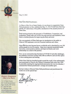 图10：圣查尔斯市市长的贺信