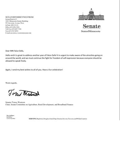 '图1：美国明尼苏达州第十二区州参议员托雷·韦斯特罗姆的贺信'