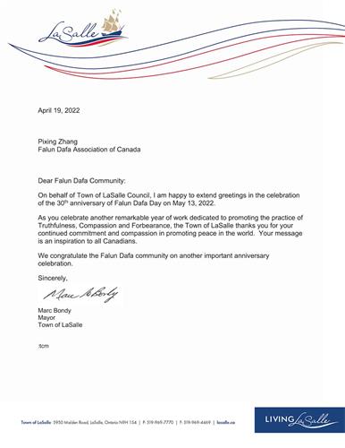 '图6：拉萨尔市长马克·邦迪 （Marc Bondy）的贺信'