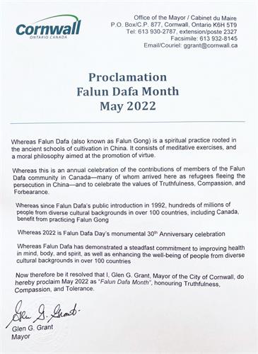'proclamation：康沃尔市议会通过的“法轮大法月”褒奖令'