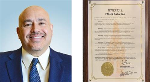 图7：密尔沃基市共同理事会主席何塞·佩雷斯（Jose G. Perez）颁发了表彰法轮大法的决议。
