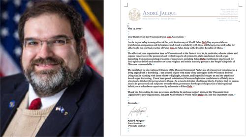 图10：威州参议员安德烈·雅克（André Jacque）发来了纪念法轮大法弘传30周年的祝贺信。
