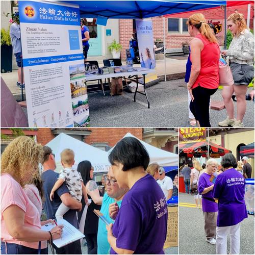 '图1：二零二二年六月十六日，宾州学员在梅卡尼克斯堡Jubilee Day街市上传播法轮功的<span class='voca' kid='62'><span class='voca' kid='62'>真相</span></span>。'