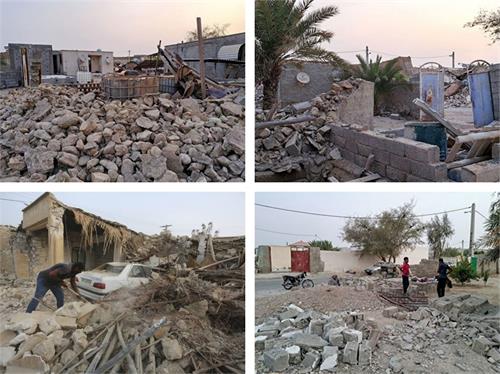 '图2：二零二二年七月二日（周六），伊朗南部发生一连串强烈地震，造成至少5人死亡，49人受伤，数十座建筑物受损。图为地震后受损情况。（明慧网合成）'