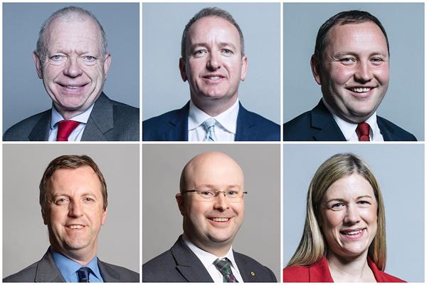 '图1：（从上到下，从左到右）英国国会上议院亨特勋爵、国会议员默里（Mark Pritchard MP）、国会议员伊恩·默里（Ian Murray MP）、国会议员乔纳森·爱德华兹（Jonathan Edwards AS/MP）、国会议员帕特里克·格雷迪（Patrick Grady MP）、国会议员艾莉·里夫斯（Ellie Reeves MP）'