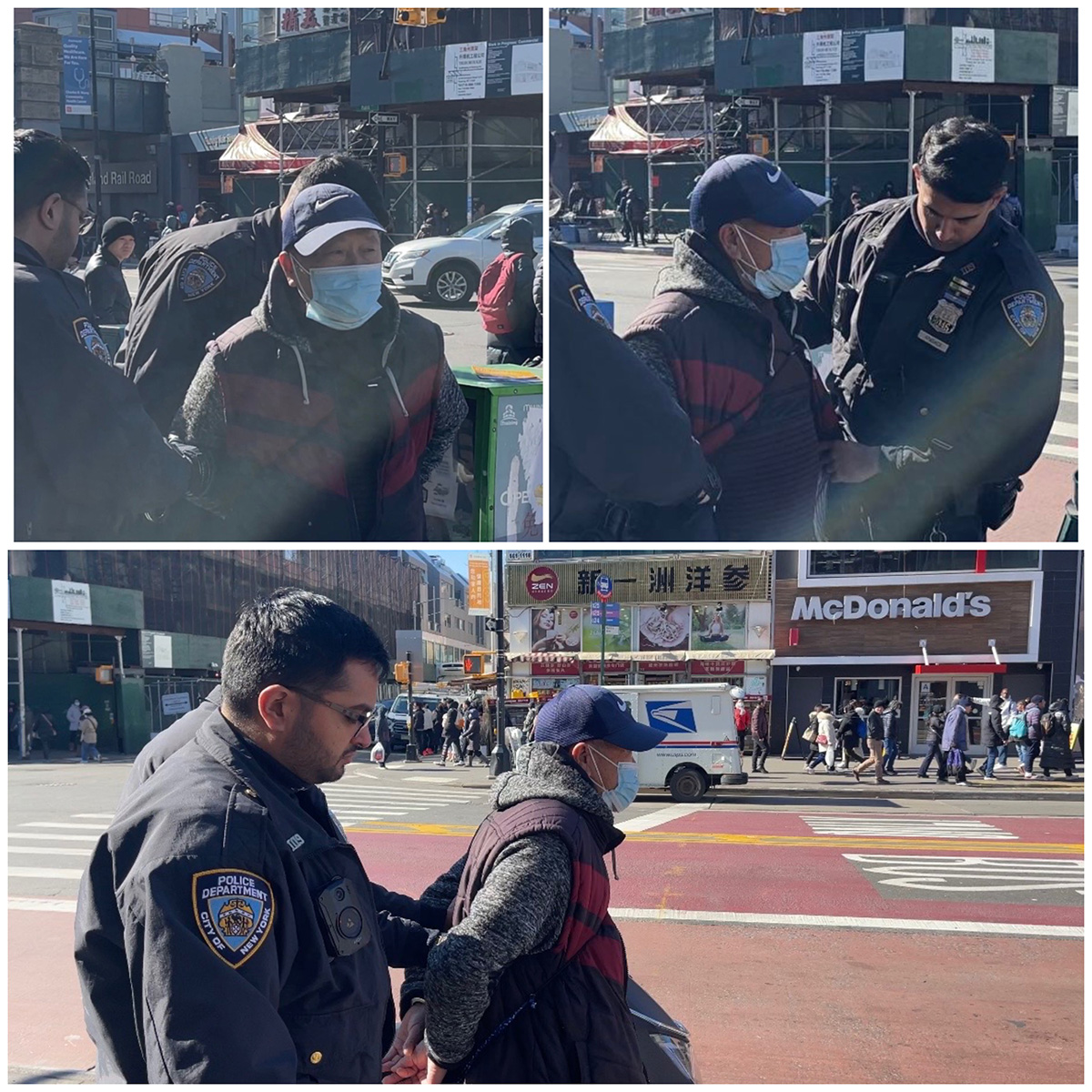 图1：二零二三年二月十八日上午十一点左右，警察逮捕攻击法轮功学员的齐中平（Qi， Zhongping ，音译），将其戴上手铐，押上警车。（法轮功学员提供）