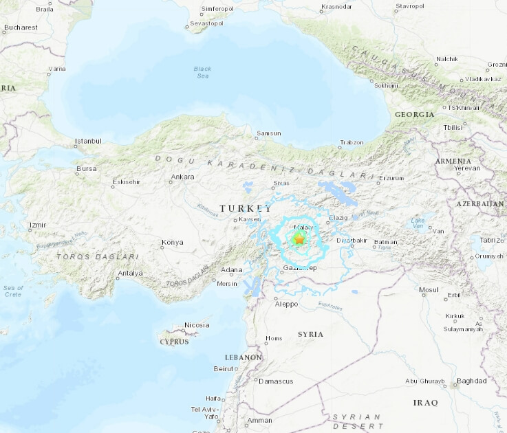 图1：二零二三年二月六日（周一）当地时间清晨4时17分，土耳其城市加济安泰普（Gaziantep）附近发生7.8级地震。（美国地质调查所网 earthquake.usgs.gov）