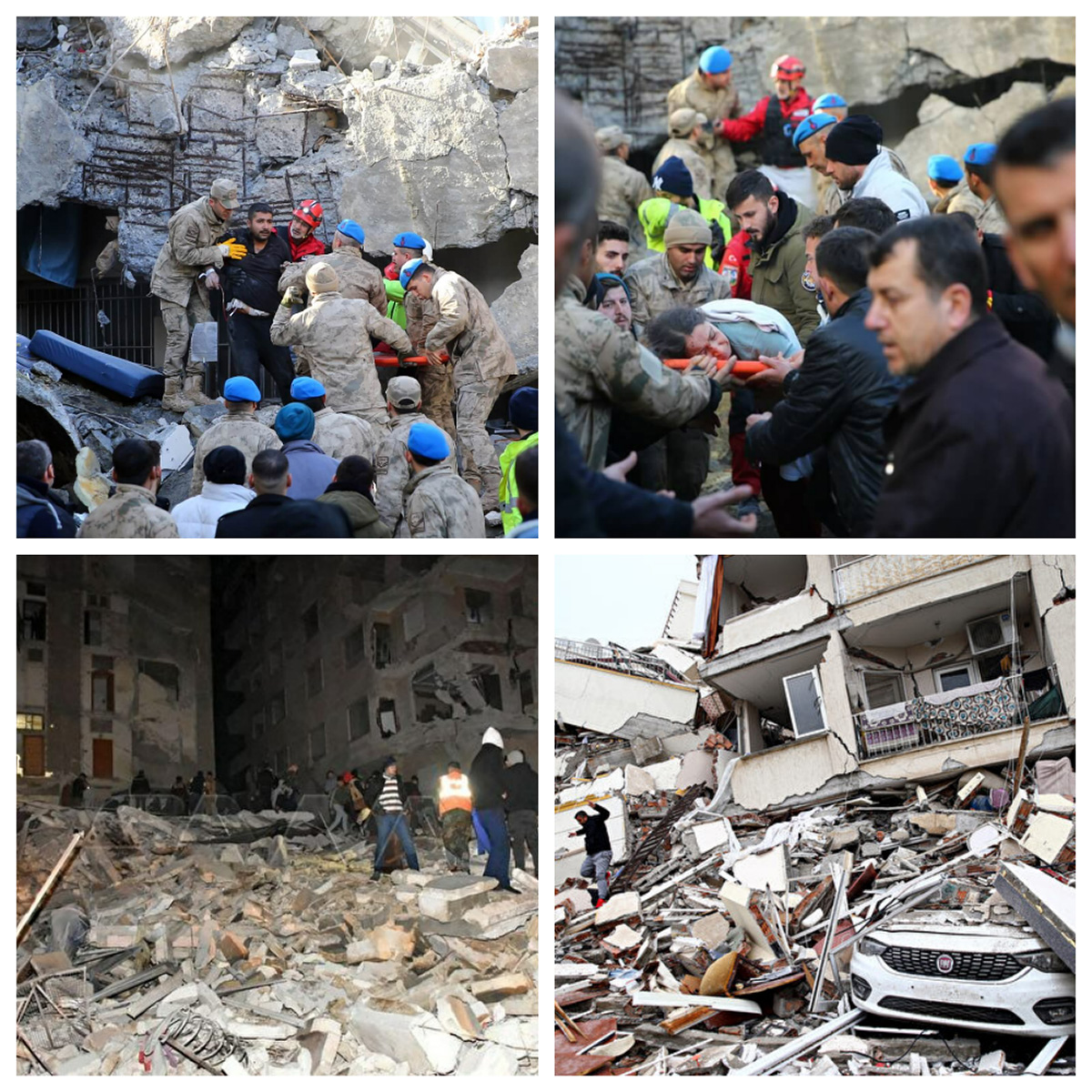 图2：二零二三年二月六日（周一），土耳其和叙利亚边境发生7.8级地震，图为地震造成的破坏和救援人员从倒塌的建筑物中救援受困者。（网络图片合成）