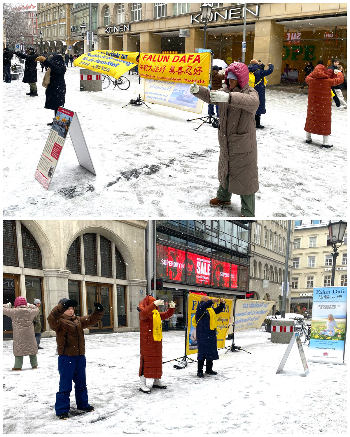 图1：二零二三年一月二十一日正值除夕，法轮功学员冒雪在内城步行街森德林根街（Sendlinger Straße）举办信息日活动，传播法轮功的真相。