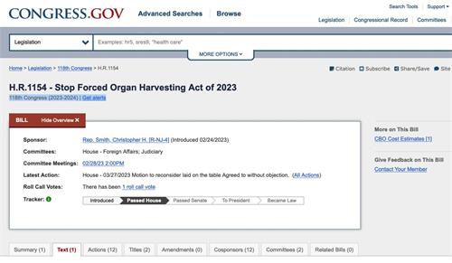 '图2：二零二三年三月二十七日，美国联邦众议院以413票对2票通过了《2023年停止活摘器官法案》（亦称：H.R.1154号法案）。（美国国会网络解图）'