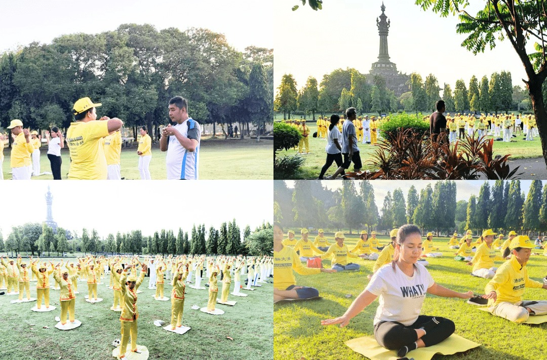 图1：法轮大法学员集体炼功，许多来到广场的民众看到之后随地跟着学炼功法。