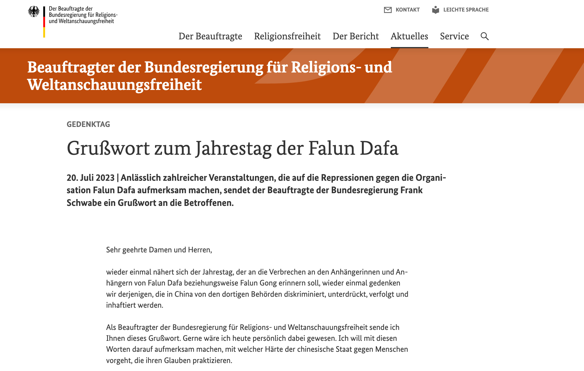 图1：德国政府网站发表施瓦博（Frank Schwabe）致法轮功的支持信的截图。