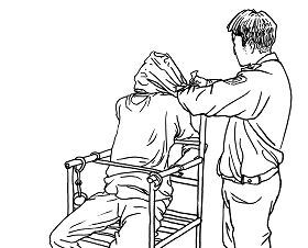 '中共酷刑示意图：戴黑头套、被铐铁椅子'