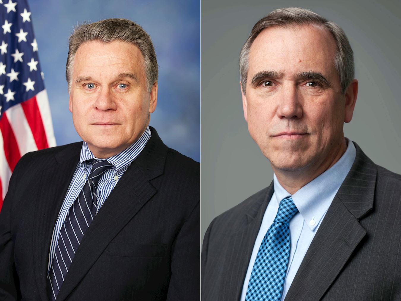 '图1：美国国会行政当局中国委员会（CECC）主席、共和党众议员史密斯（Chris Smith，左）；联合主席、民主党参议员杰夫·默克利（Jeff Merkley，右）。'