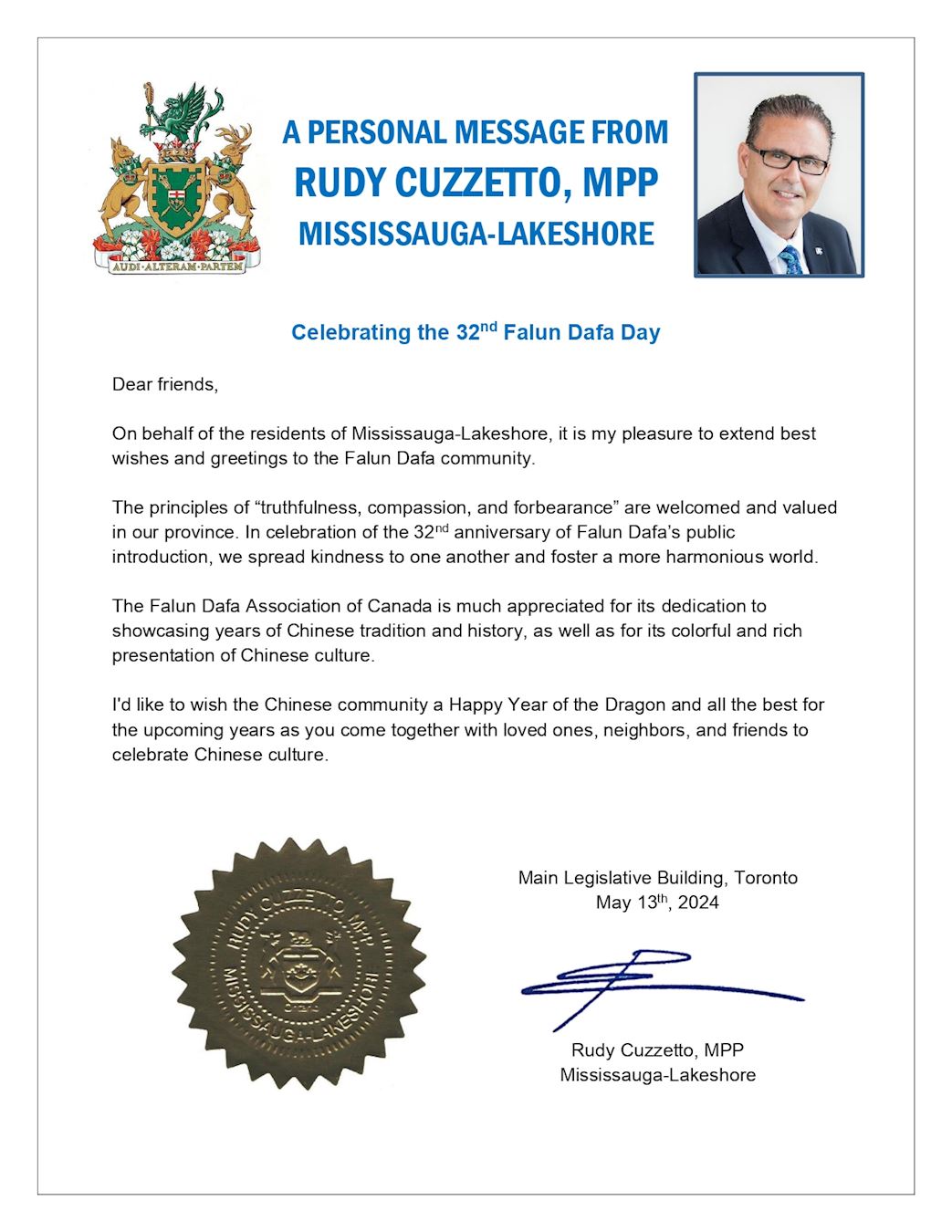 '图7：密西沙加市湖滨区省议员鲁迪·库泽托（Rudy Cuzzetto）的贺信'