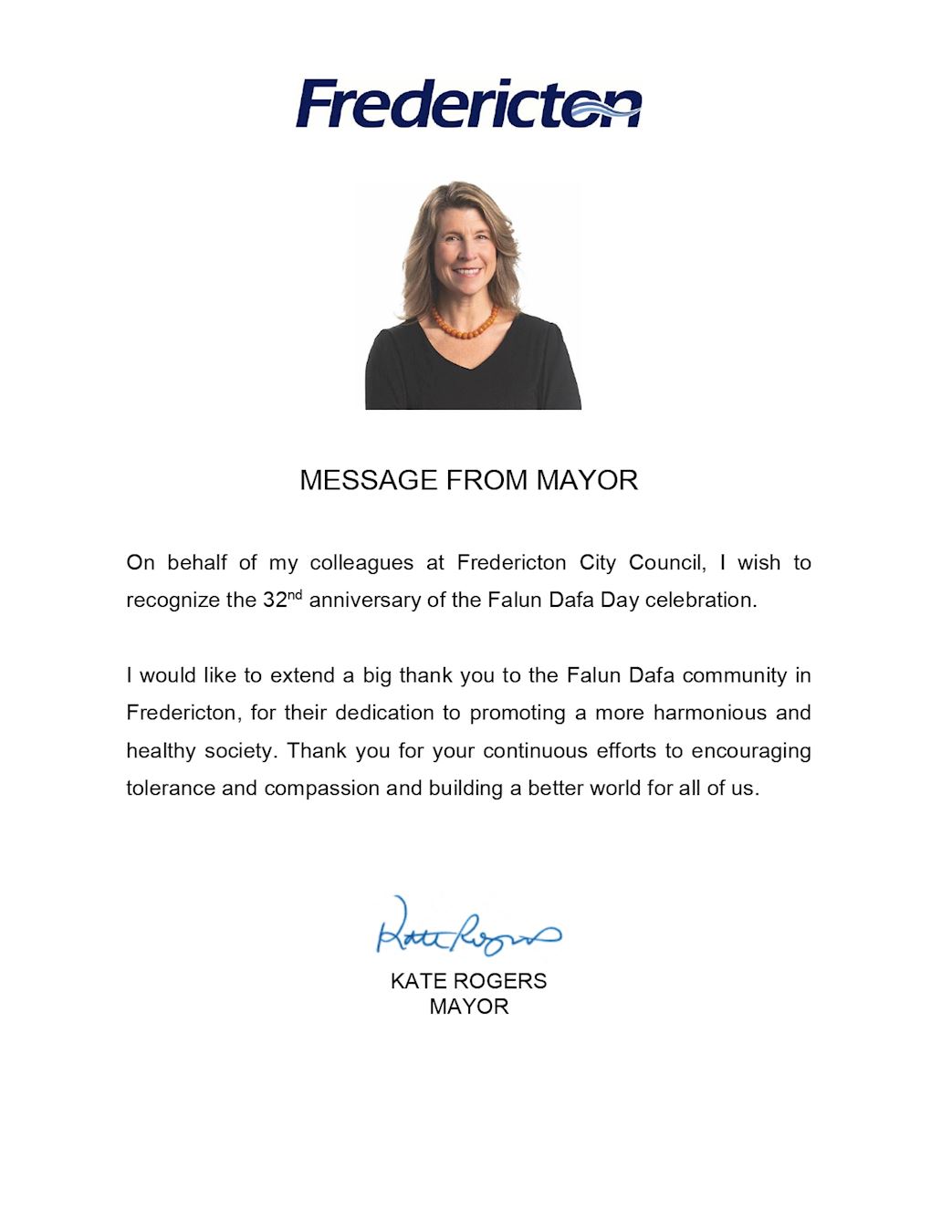 '图10：弗雷德里克顿市市长凯特·罗杰斯（Kate Rogers）的贺信'