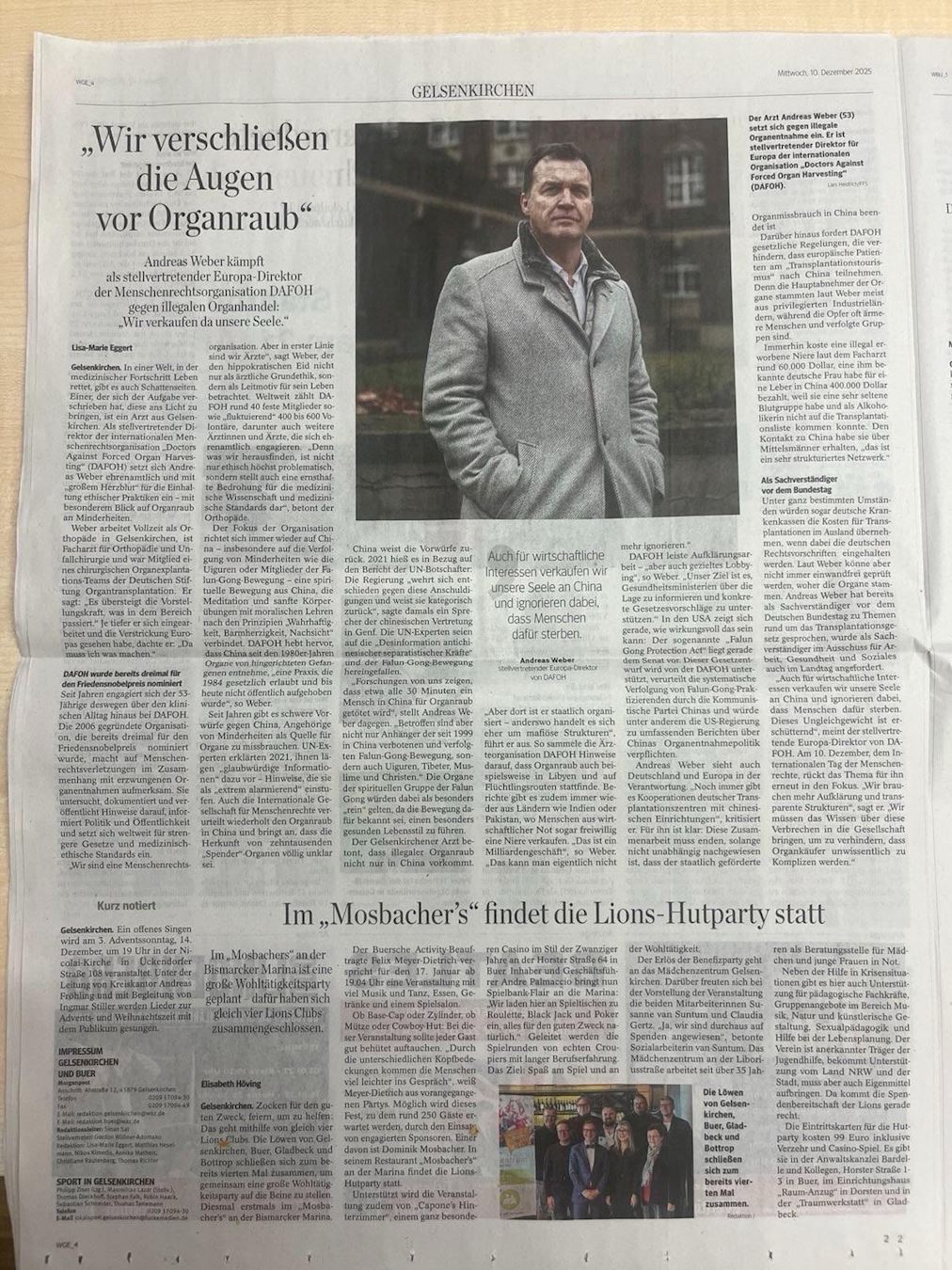 '图1~2:德国西德意志汇报的盖尔森基兴市(Gelsenkirchen) 当地报纸发表“我们对活摘器官视而不见”专访文章,揭露中共强摘器官,呼吁社会勿出卖灵魂。'