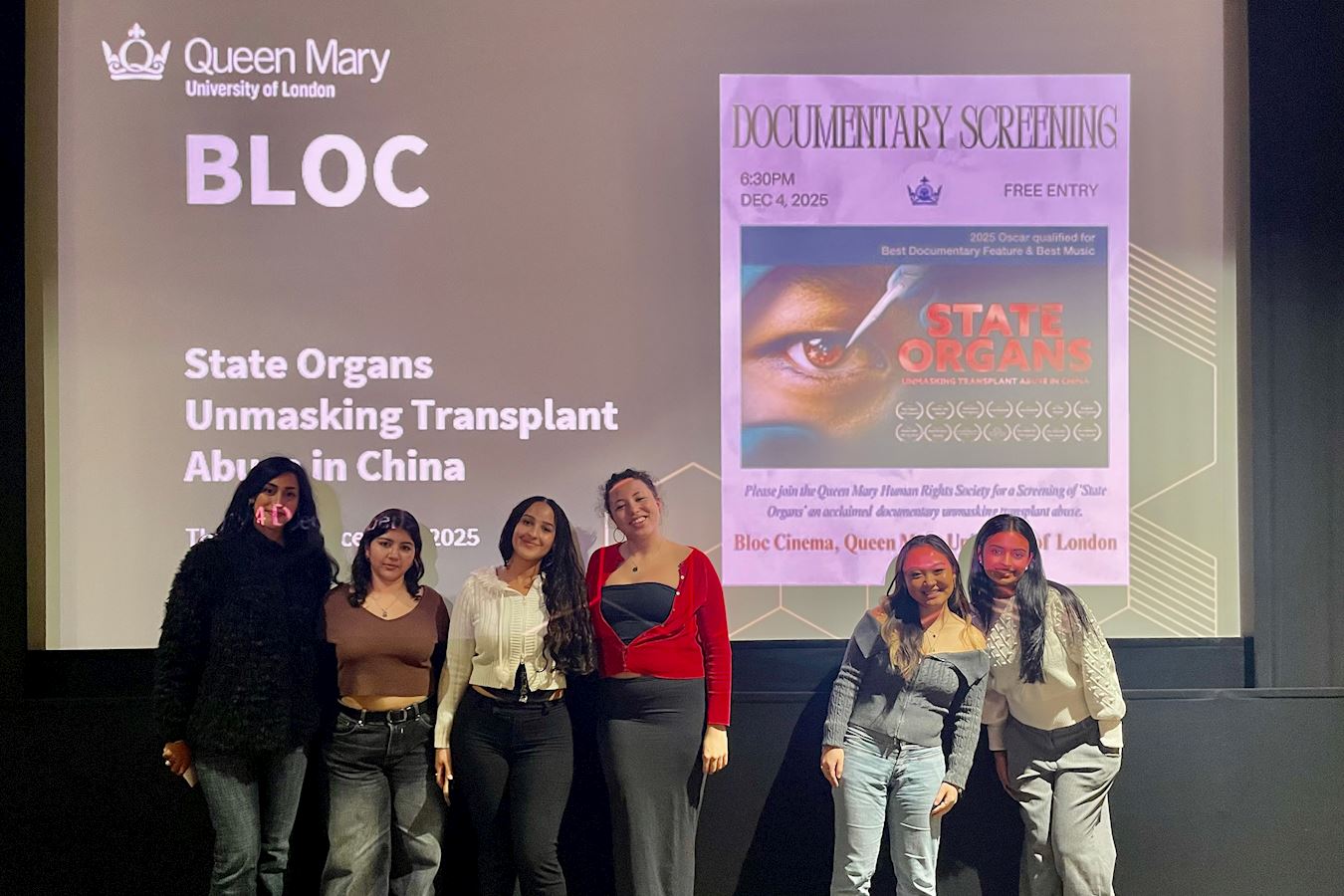 '图1~2:二零二五年十二月四日,揭露中共活摘法轮功学员器官罪行的纪录片《国有器官》在英国伦敦玛丽女王大学(Queen Mary University)放映。'