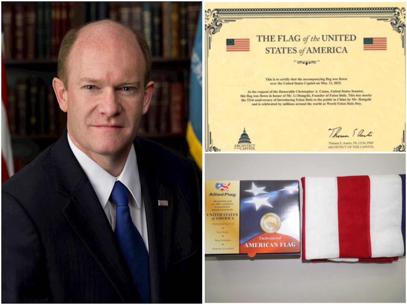 '图11:美国特拉华州民主党籍联邦参议员克里斯‧库恩斯(Chris Coons)将5.13飘扬在美国国会大厦上的一面美国国旗赠送给李洪志先生,同时颁发证书。'
