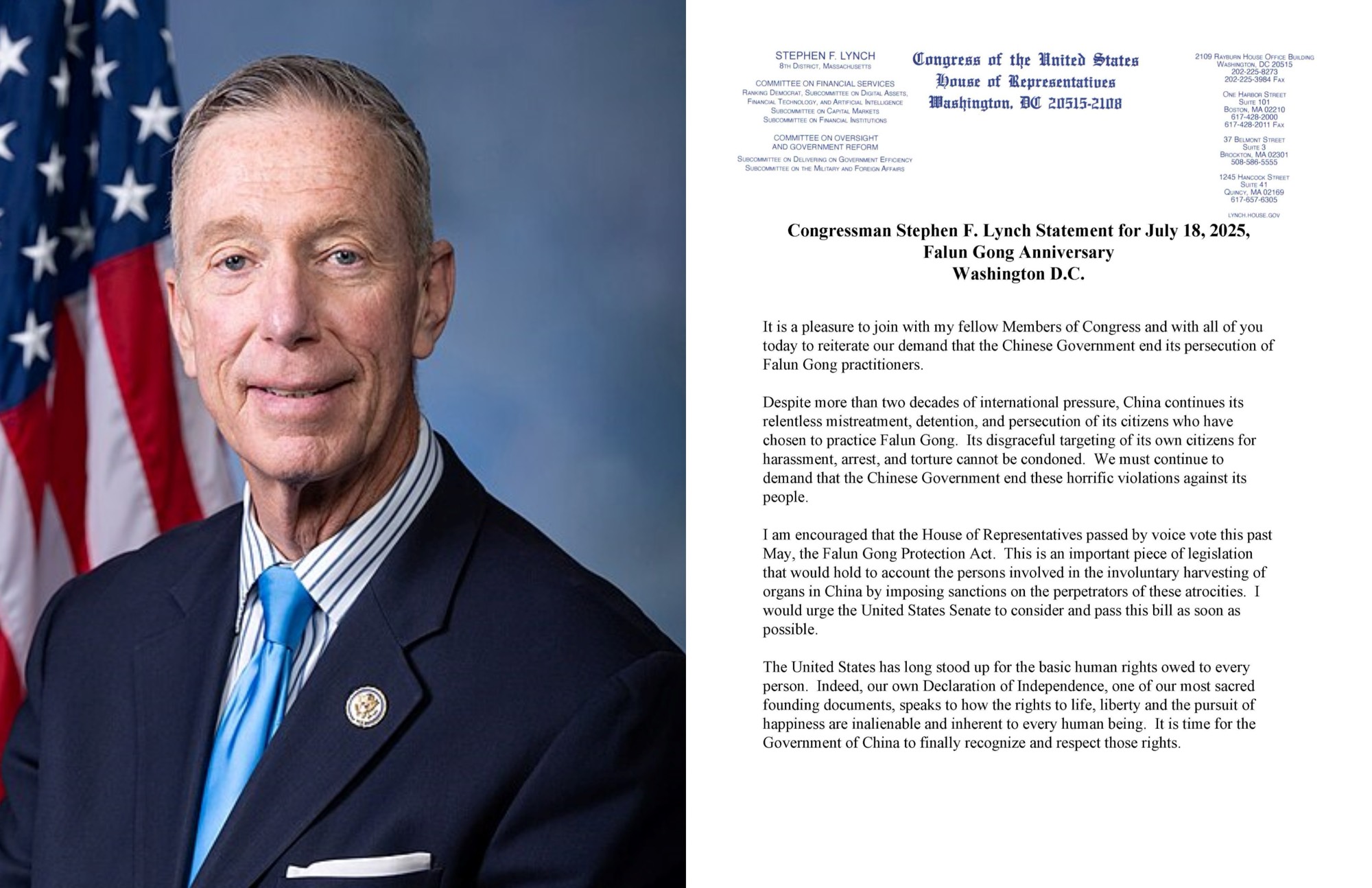 图6:美国麻萨诸塞州民主党联邦众议员史蒂芬·林奇(Rep. Stephen F. Lynch)发表声明,声援法轮功学员。
