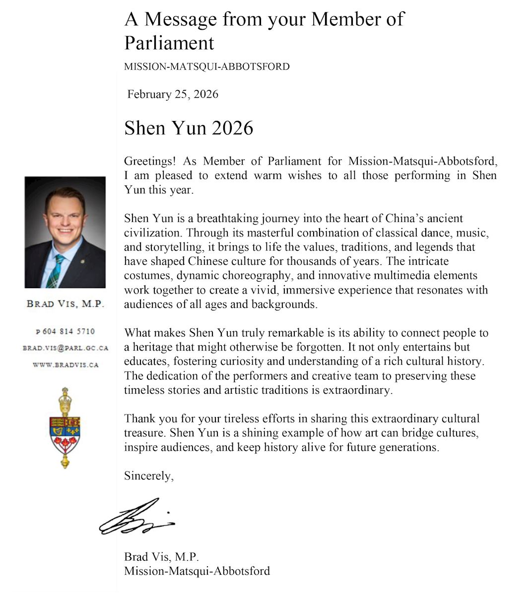 '图6:卑诗省国会议员布拉德‧维斯(Brad Vis)的贺信。'