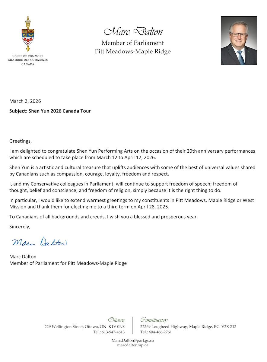 '图7:卑诗省国会议员马克‧道尔顿(Marc Dalton)的贺信。'