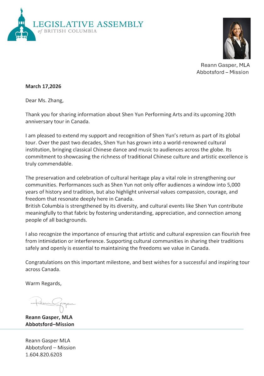 '图10:卑诗省省议员瑞安‧加斯珀(Reanne Gasper)的贺信。'