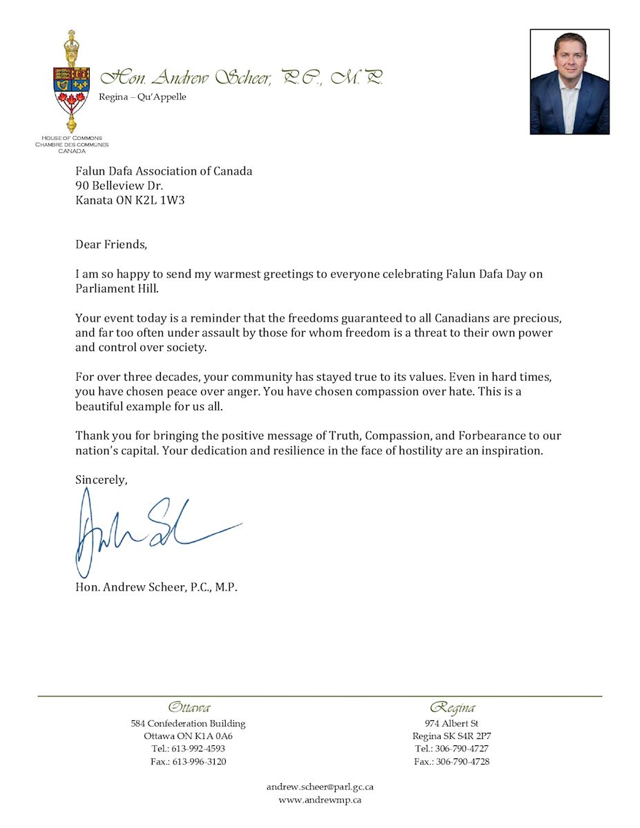 '图2:反对党议会领袖安德鲁·希尔(Andrew Scheer)的贺信 (当地学员提供)'